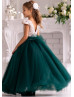 V Neck Gold Sequin Emerald Tulle Flower Girl Dress